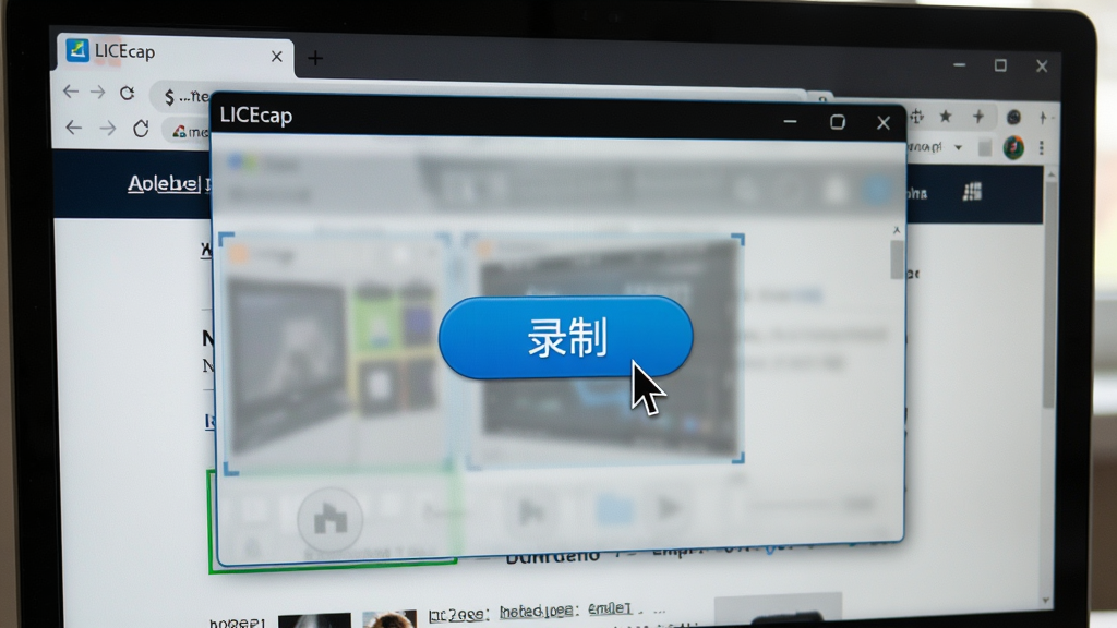 主体:LICEcap软件在电脑上运行的实拍场景,屏幕中显示录制窗口。布局:录制窗口覆盖部分网页内容,鼠标指针在录制按钮上。排版:窗口半透明,按钮醒目。风格:真实拍摄风格,自然光。细节:屏幕上显示“LICEcap”标题栏,下方有“录制”按钮。画质:全高清,干净,无多余元素。