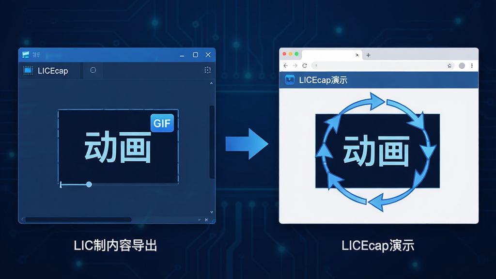 主体:LICEcap软件将录制内容导出为GIF文件的过程示意。布局:左侧为软件窗口,右侧为生成的GIF图片在浏览器中播放的效果。排版:流程箭头清晰,GIF动画演示循环播放。风格:科技感插画风格,蓝色主调。细节:GIF文件上有“动画”标识,浏览器窗口显示“LICEcap演示”。画质:高分辨率,干净,无多余元素。