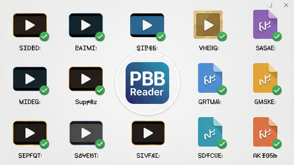 ���壺PBB Reader�������ļ����ͼ��ݽ��棬չʾ������Ƶ��ʽͼ����ĵ���ʽͼ�ꡣ���֣�����״���У�ÿ����ʽͼ���·��ж�Ӧ���Ʊ�ǩ������Ϊ����logo���Ű棺ͼ���Сͳһ��ɫ�����޵���г������Ϊǳ��ɫ��������񣺼�������չʾ���ͻ����ʽ�����ԡ�ϸ�ڣ�ÿ�ָ�ʽͼ���ϴ���С�Թ���ʾ֧�֣������Ӿ���ˬ�����ʣ�4Kϸ��ȣ��ɾ����������