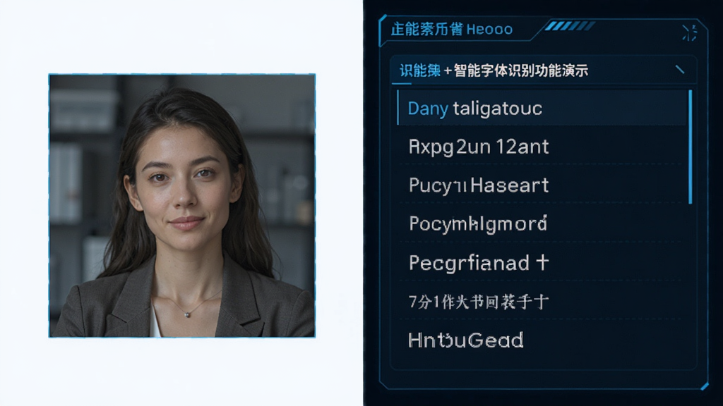 字+智能字体识别功能演示,左侧上传图片,右侧显示识别结果和匹配字体列表,界面科技感,蓝色调为主,高清画质