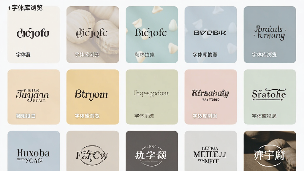 字+字体库浏览页面,展示多种字体风格缩略图,网格布局,每个字体卡片显示名称和示例,界面清晰,色彩柔和,画质干净