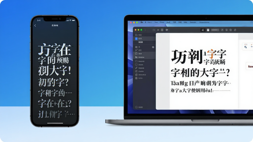 字+在手机和电脑上同步使用的场景,左半部分显示手机界面字体预览,右半部分显示电脑端字体管理,背景为渐变蓝色,现代感强,画质清晰