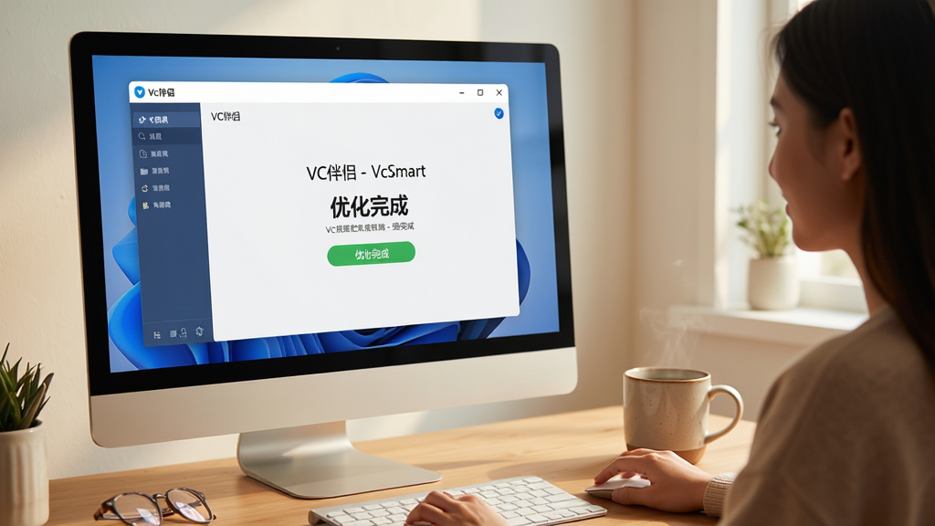 主体:用户使用VC伴侣--VcSmart进行系统优化,布局:电脑屏幕显示软件界面,旁边有咖啡杯,排版:简洁生活化,风格:温馨写实,细节:屏幕上显示“优化完成”提示,画质:高清,干净,无多余元素