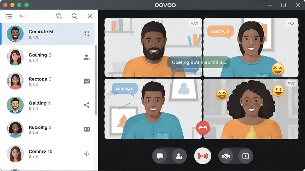 主体:ooVoo软件界面,展示视频通话窗口与功能图标;布局:左侧为联系人列表,右侧为视频画面,底部为功能按钮栏;排版:清晰简洁,图标排列有序;风格:现代扁平化,色彩明快;细节:视频画面中显示多人通话场景,有文字气泡和表情特效;画质:高清细腻,干净无多余元素。