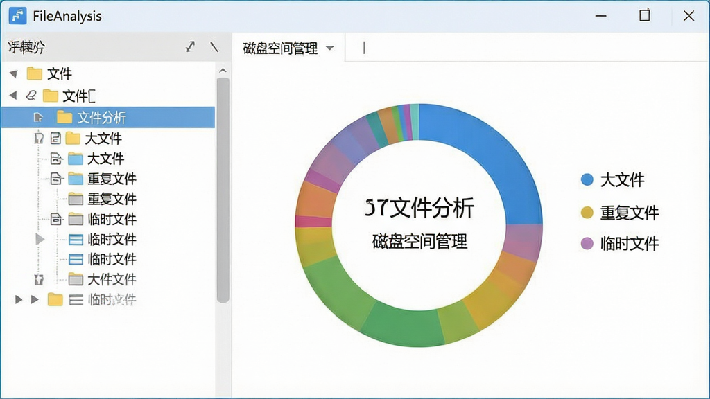 一张展示FileAnalysis软件主界面的高清截图,界面左侧为文件夹树状列表,右侧为彩色环形图表,图表旁标注着“大文件”、“重复文件”、“临时文件”等分类图例,整体风格简约现代,色调以蓝白为主,界面布局清晰,文字部分显示“文件分析”与“磁盘空间管理”字样,画质干净无多余元素