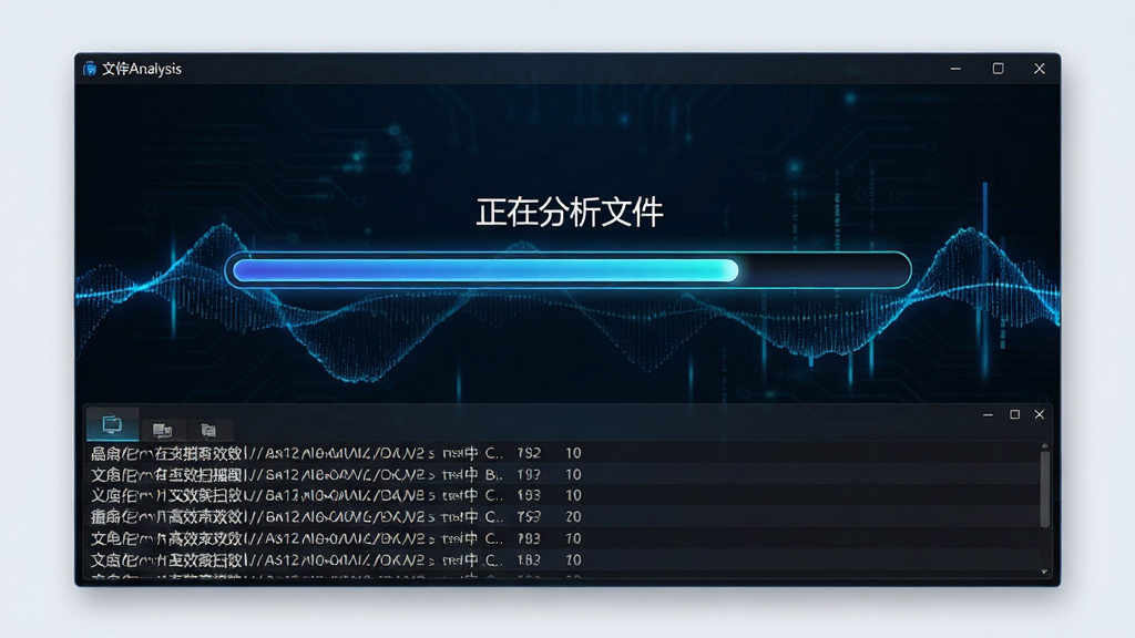 FileAnalysis软件正在执行磁盘扫描任务,屏幕中央显示一个动态进度条,进度条上方有“正在分析文件”的文字说明,界面下方实时滚动着正在扫描的文件路径列表,背景为深色科技感风格,配以蓝色高亮数据波纹,布局干净清晰,突出软件的高效与专业感,画质细腻