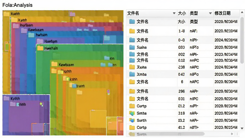FileAnalysis生成的多维图表报告页面,左侧为彩色矩形树图块,每个色块代表一个文件夹,大小与空间占用成正比,右侧为详细的文件列表表格,列标题包括“文件名”、“大小”、“类型”、“修改日期”,图表色彩鲜艳且区分度高,整体布局专业,画质清晰