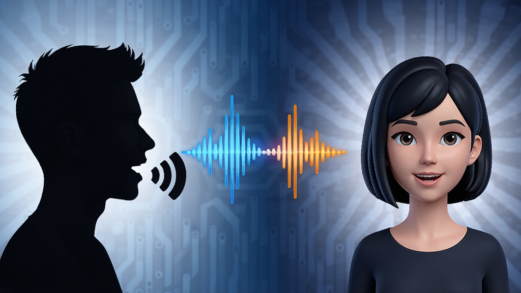 变声器软件实时变声功能示意图,画面左侧为真人说话的头像剪影,右侧为音色转换后的虚拟角色头像,中间用动态声波连接,背景为科技感的光效,整体布局左右对称,风格简约现代,细节丰富,画质高清,干净无多余元素