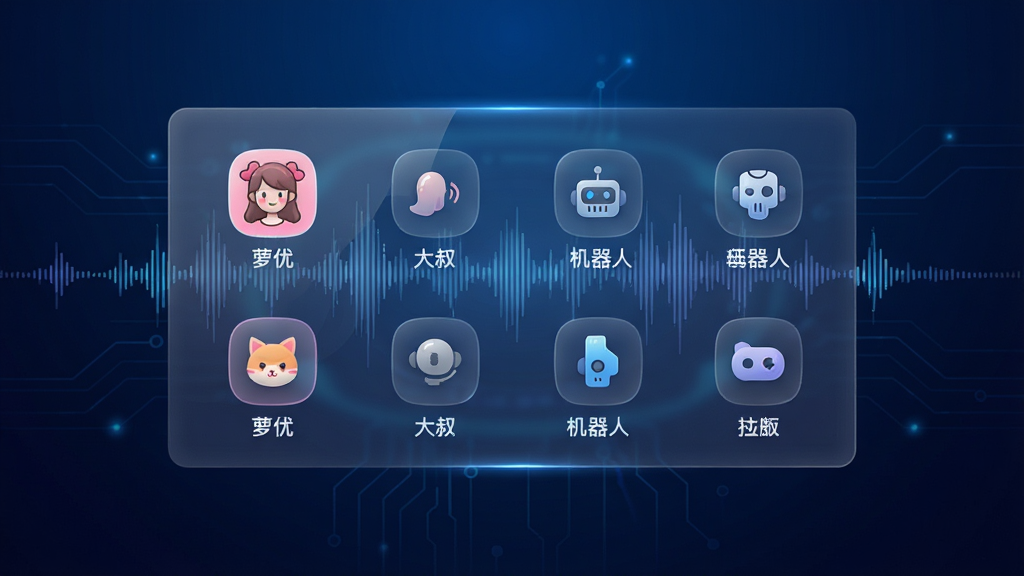 变声器软件主界面展示,背景为深蓝色科技感渐变,中央悬浮着半透明的音频波形可视化面板,面板上分布着多个音色选择图标,如萝莉、大叔、机器人等,每个图标下方标有对应中文名称,整体排版简洁大气,风格现代炫酷,画质清晰干净,无多余元素