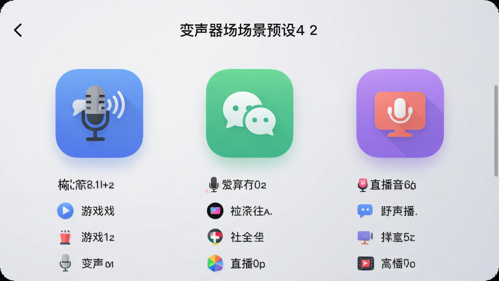 变声器软件场景预设界面,展示游戏、社交、直播三个图标,每个图标下方有对应的推荐音色列表,背景为浅灰色渐变,风格扁平化,图标圆润,布局清晰,画质干净,无多余元素