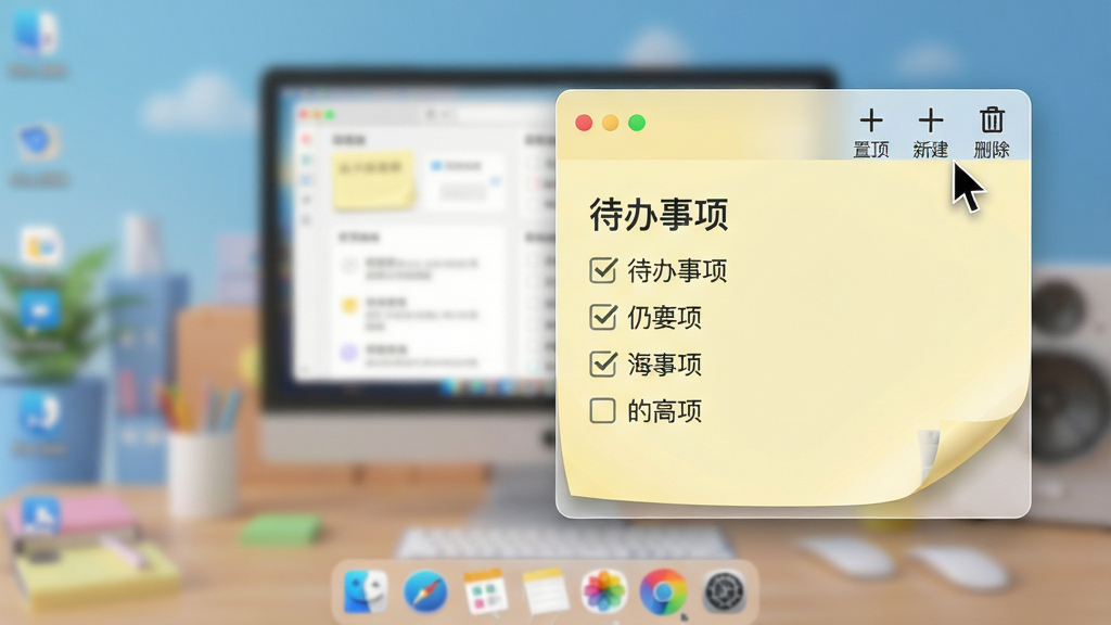 主体:好用便签软件界面展示,电脑桌面背景虚化,前景展示一个半透明的悬浮便签窗口,便签上写有“待办事项”和几个勾选列表。布局:便签窗口位于画面中央偏右,下方有系统托盘图标特写,整体构图平衡。排版:便签内文字清晰可读,字体为现代简约风格,界面图标排列整齐。风格:明亮、清爽的扁平化设计风格,色彩以淡黄色和白色为主,搭配柔和的阴影效果。细节:便签纸边缘有轻微的卷曲效果,窗口右上角有“置顶”“新建”“删除”三个小图标,鼠标指针悬停在“新建”图标上。画质:4K超高清画质,细节丰富,干净,无多余元素。