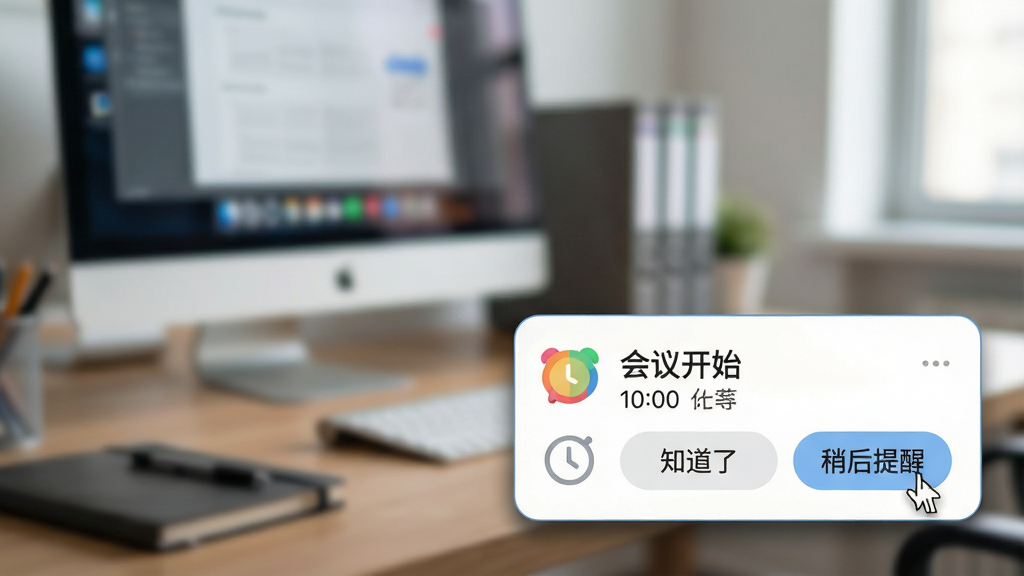 主体:电脑桌面右下角弹出一条好用便签的提醒通知,通知卡片上显示“会议开始”和“10:00”,背景为办公场景。布局:通知卡片位于画面右下角,前景清晰,背景为模糊的办公桌和显示器。排版:通知卡片圆角矩形设计,带彩色图标和文字,文字简洁易读。风格:写实与UI混合风格,光线自然,卡片有轻微的投影。细节:卡片左侧有时间图标,右侧有“知道了”和“稍后提醒”两个按钮,鼠标指针悬停在“稍后提醒”上。画质:高清细节,干净,无多余元素。