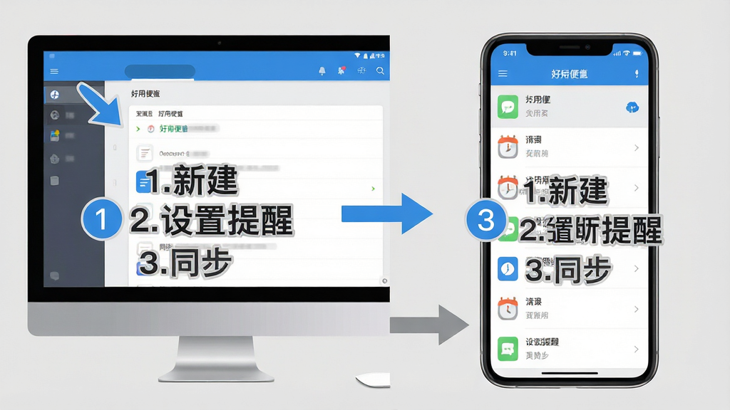 主体:一张分屏截图,左侧为电脑屏幕,右侧为手机屏幕,两者都显示好用便签的列表界面,并标注了操作步骤。布局:左右对称,中间用箭头连接,背景为纯色浅灰。排版:文字说明“1.新建 2.设置提醒 3.同步”,字体为黑体。风格:扁平化示意图,色彩简洁,以蓝色和灰色为主。细节:每个步骤都有数字圆圈标注,手机界面图标清晰。画质:高清,干净,无多余元素。