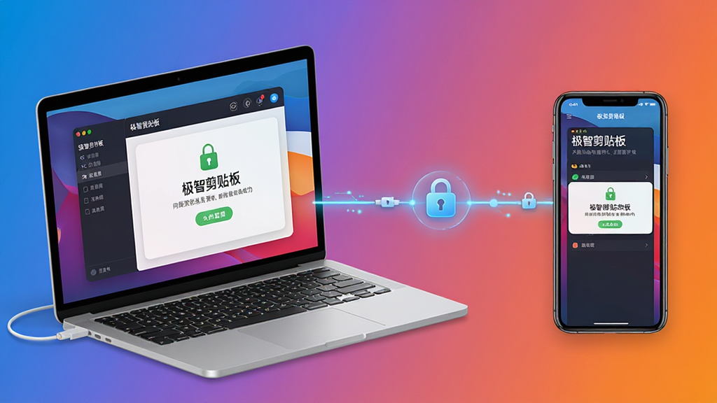 主体:极智剪贴板软件在手机和电脑之间同步数据的场景。布局:画面左侧是笔记本电脑,右侧是手机,两者之间有一条发光的连接线,表示数据同步。排版:电脑屏幕和手机屏幕中都显示出“极智剪贴板”的界面,并显示同步成功的提示。风格:科技感强的插画风格,背景为渐变色。细节:连接线上有锁形图标,表示安全加密。画质:高清,质感细腻,干净,无多余元素。