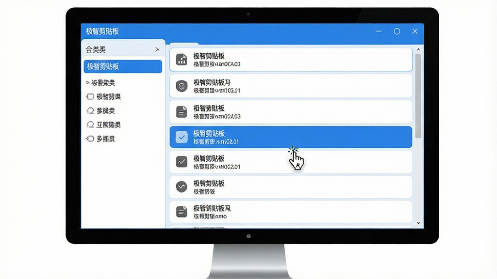 主体:极智剪贴板软件主界面展示在电脑屏幕上,界面清晰展示多条剪贴记录。布局:电脑显示器位于画面中央,屏幕内显示软件界面,界面左侧为分类列表,右侧为剪贴内容条。排版:界面布局整齐,内容条以列表形式纵向排列。风格:现代简约科技感,界面配色以蓝白为主,视觉效果清爽。细节:屏幕中可看到“极智剪贴板”字样,每条内容有文字或小图标预览,鼠标指针正在点击某一条内容。画质:高清,干净,无多余元素。