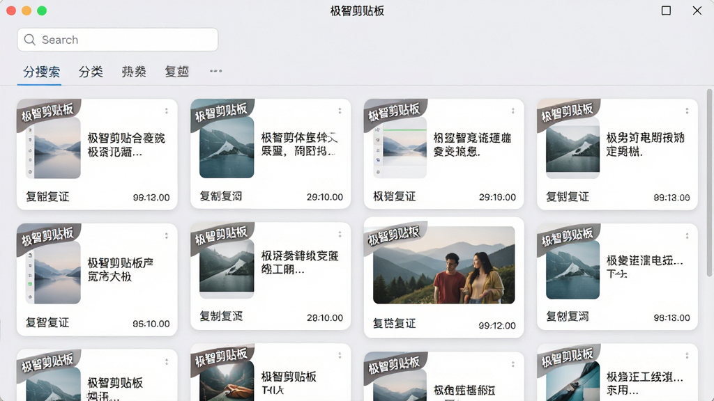 主体:极智剪贴板软件运行界面,展示大量历史剪贴记录。布局:界面分为上下两个区域,上方为搜索栏和分类标签,下方为瀑布流式的内容卡片。排版:卡片排列整齐,每张卡片显示内容缩略图和复制时间。风格:扁平化设计,色彩柔和,背景为浅灰色。细节:卡片上显示有“极智剪贴板”的角标,部分卡片显示文字内容,部分显示图片缩略图。画质:清晰,明亮,干净,无多余元素。