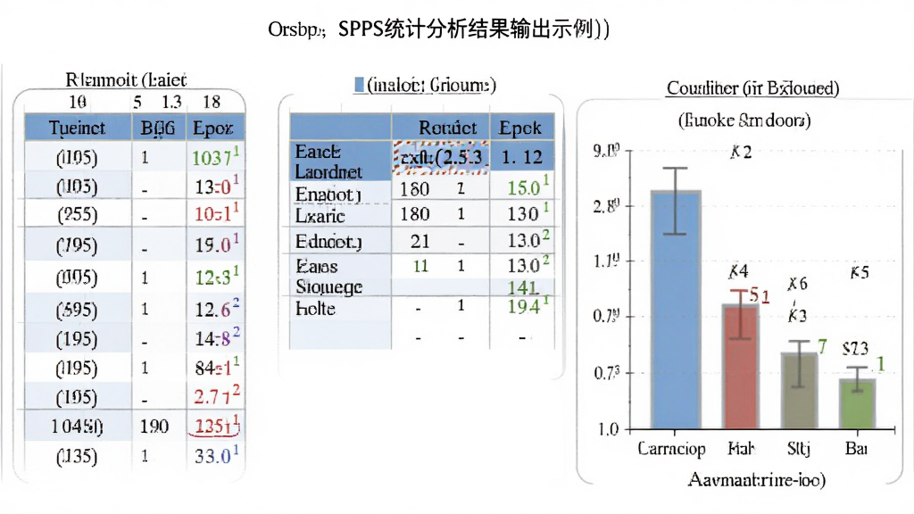 SPSS统计分析结果输出示例,显示频数表、交叉表和条形图,布局整洁,风格学术,细节展示统计量和显著性标记,画质高清,无多余元素