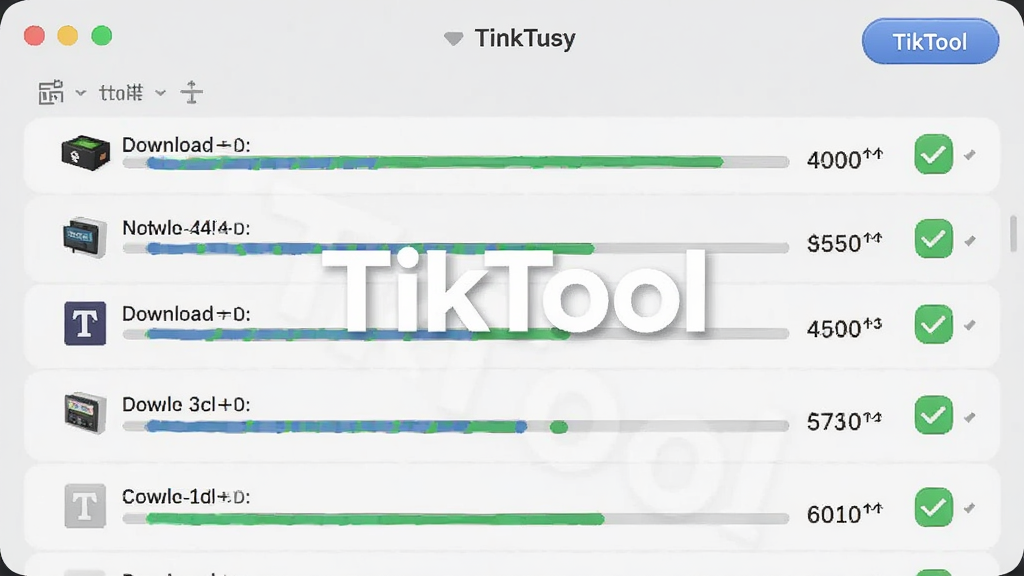 一组TikTool批量下载功能的界面示意图,多任务列表同时显示下载进度条与速度,每个文件旁有勾选完成标识,背景为浅灰色,整体界面清爽,按钮圆润,文字清晰,包含