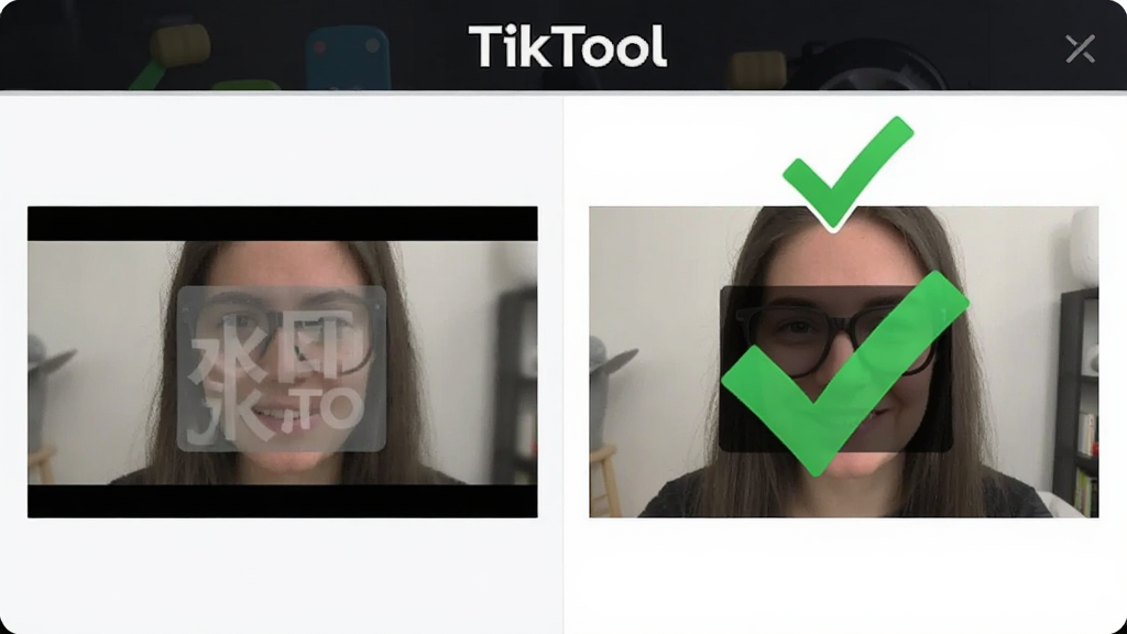 展示TikTool去水印功能对比示意图,左侧为带水印的原视频截图,右侧为去除水印后的高清画面,右侧图片上方有绿色对勾标识,背景简约,两侧对比明显,界面带有