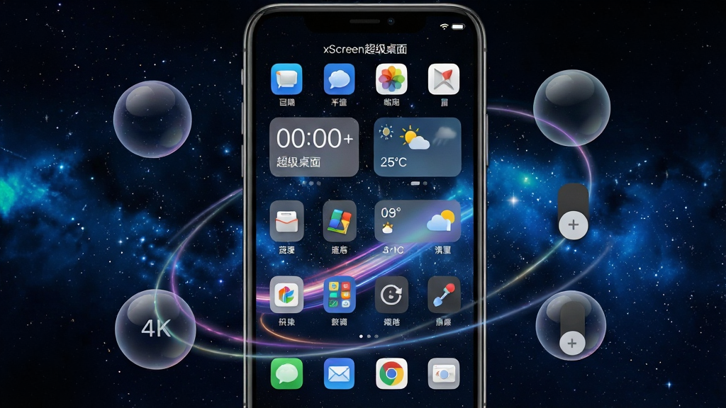 主体:xScreen超级桌面软件主界面,展示动态壁纸与小组件效果;布局:手机屏幕居中,周边环绕悬浮球与快捷开关,背景为深邃星空动态壁纸;排版:界面图标排列整齐,小组件显示时间天气,布局清爽;风格:科技感与未来感结合,色彩绚丽但不过度刺眼;细节:屏幕显示“xScreen超级桌面”字样,壁纸有流光效果,悬浮球半透明;画质:4K高清,干净无多余元素