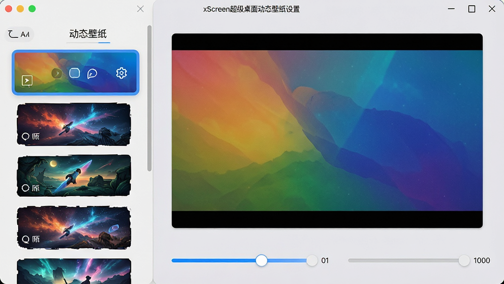 主体:xScreen超级桌面动态壁纸设置界面,展示多种动态壁纸缩略图;布局:左侧壁纸列表,右侧预览大屏,下方调节滑块;排版:纵向列表与横向预览相结合,层次分明;风格:简洁现代,背景为浅灰色调;细节:界面有“动态壁纸”标签,选中壁纸呈高亮状态,调节滑块带数值显示;画质:高清,干净无多余元素