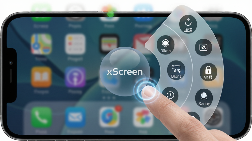 主体:xScreen超级桌面悬浮球操作演示,手指点击悬浮球弹出功能菜单;布局:手机屏幕中央悬浮圆形悬浮球,右侧展开半圆形菜单,包含加速、返回、锁屏等图标;排版:菜单图标环绕排列,层次清晰;风格:简约科技风,背景为虚化的应用界面;细节:悬浮球带有“xScreen”标识,菜单图标有文字标注,手指触摸点有光效;画质:高清,纯净无多余元素