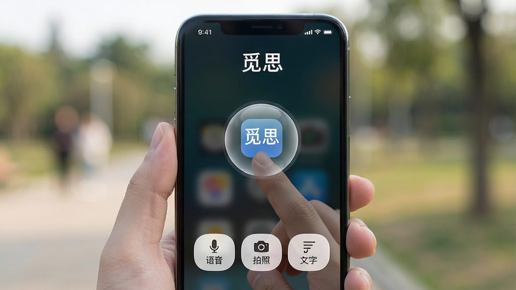 主体:一只手在手机屏幕上点击“觅思”应用图标,界面弹出快速记录悬浮球。布局:手机居中,背景为模糊的户外场景。排版:手机屏幕放大展示,下方有“语音”、“拍照”、“文字”三个按钮。风格:真实摄影风格。细节:屏幕显示“觅思”字样,悬浮球半透明。画质:高清,景深效果,干净无多余元素。