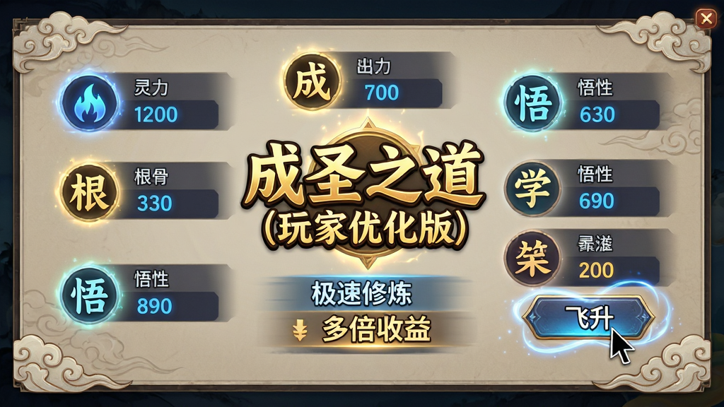 主体:游戏内角色属性面板的UI特写,面板设计古色古香,中央有“成圣之道(玩家优化版)”的烫金Logo。布局:四周环绕着代表灵力、根骨、悟性等属性的发光图标,数据以蓝色字体清晰展示。排版:UI界面整洁有序,信息层级分明,突出“极速修炼”和“多倍收益”两个高亮词条。风格:简约的国风UI设计,灵动的光效点缀,质感高级。细节:面板角落有精致的云纹图案,鼠标指针悬停在“飞升”按钮上,按钮周围有流光特效。画质:高清晰度界面截图,色彩饱和度高,干净无多余元素。