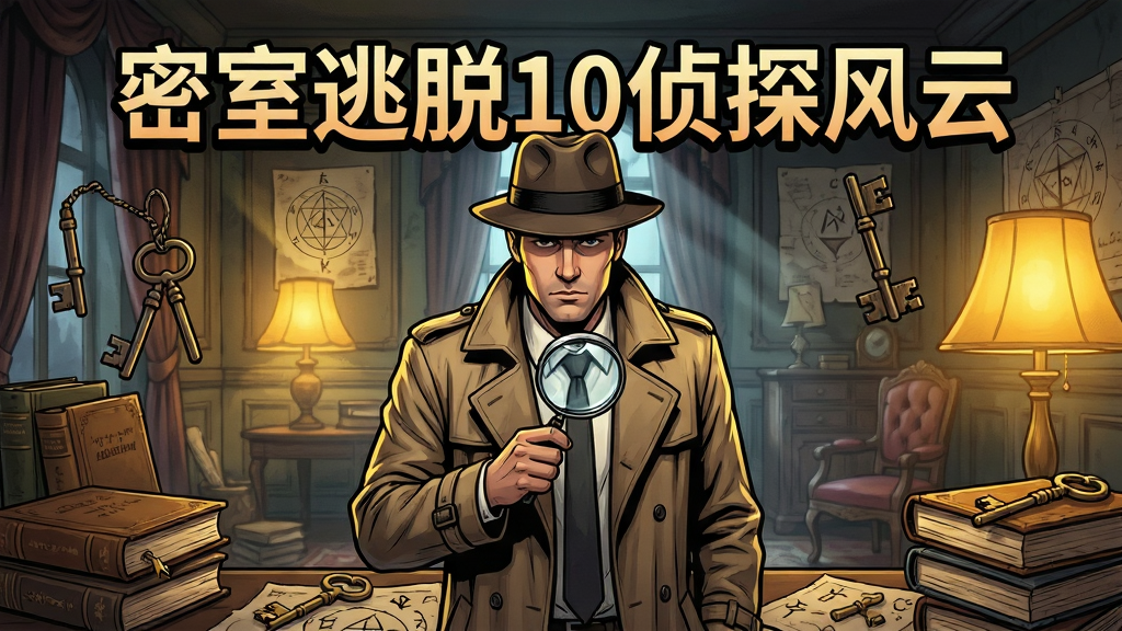画面中央是游戏主界面,一位身穿风衣的侦探手持放大镜站在古老的欧式房间中,周围散落着旧书、钥匙和神秘符号,暖黄色灯光营造出悬疑氛围,背景有“密室逃脱10侦探风云”艺术字标题,布局以人物为中心、线索环绕,排版清晰,细节丰富,风格写实且带有一点漫画感,画质高清干净,无多余元素