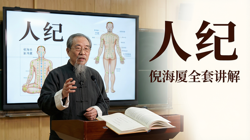 主体:一位身着传统中式服装的学者正在讲台上讲授中医知识,背景大屏幕显示“人纪”二字与经络图;布局:学者居于画面中央偏左,右侧留白放置课程标题文字“人纪 倪海厦全套讲解”;排版:上方为“人纪”大标题,下方为学者与讲台,整体稳重;风格:写实教育风格,色调温暖明亮,突出学术氛围;细节:学者手势生动,屏幕上有针灸穴位图示,教材翻页可见;画质:高清细腻,干净无多余元素。