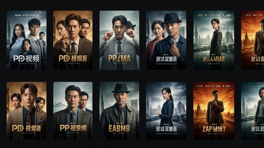 PP视频影视内容墙展示,画面中有多部热门剧集海报和电影封面,排列整齐,色彩丰富,背景为深色,突出内容多样性,高清质感,干净无多余元素