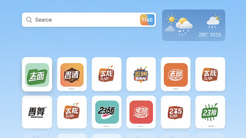 一款现代化的2345网址导航界面展示图,整体布局采用简洁的卡片式设计,顶部为搜索框和天气模块,中间区域整齐排列着各类热门网站图标,色彩明快,风格清爽,背景为淡蓝色渐变,画质高清,干净无多余元素