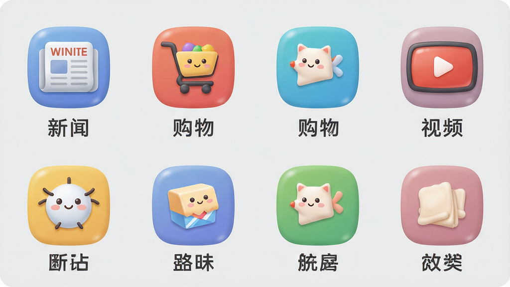 2345网址导航网站分类列表展示图,画面中以网格形式呈现多个分类图标,每个图标下方有中文名称,如“新闻”、“购物”、“视频”,整体排版整齐,图标圆润可爱,背景为浅灰色,风格清新,画质干净,无多余元素