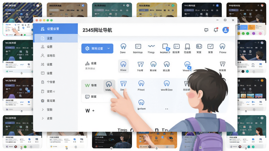 2345网址导航个性化设置界面预览图,画面左侧为设置菜单,右侧为导航主页预览,用户正在拖动网址图标调整顺序,窗口周围有多个主题皮肤缩略图,风格清新活泼,UI界面现代,画质干净,无多余元素