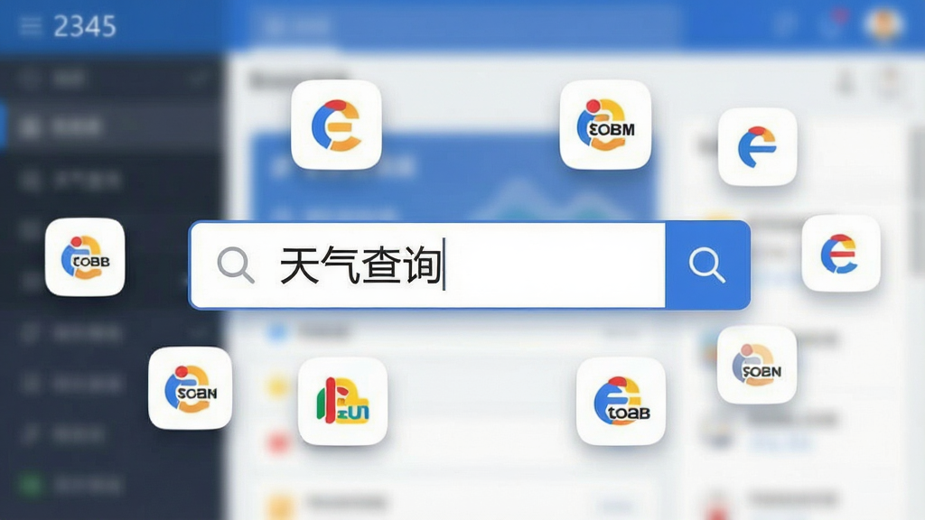 2345网址导航智能搜索功能预览图,画面中央为放大的搜索框,框内显示“天气查询”文字,周围悬浮着多个搜索引擎的图标,背景虚化处理,布局清晰,风格简约现代,画质细腻,干净无多余元素