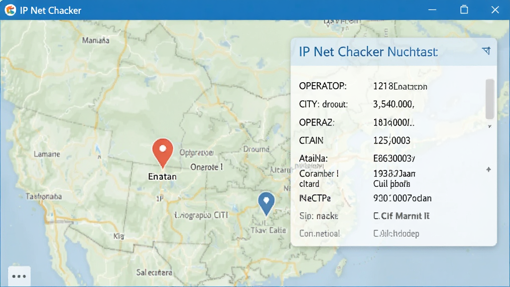 一张展示IP Net Checker软件检测出IP地理位置信息的截图,地图背景上精确标注IP所在城市位置,旁边信息卡片列出运营商、城市、区域等详细数据,界面UI清晰整洁,信息展示直观,画质清晰,无多余元素