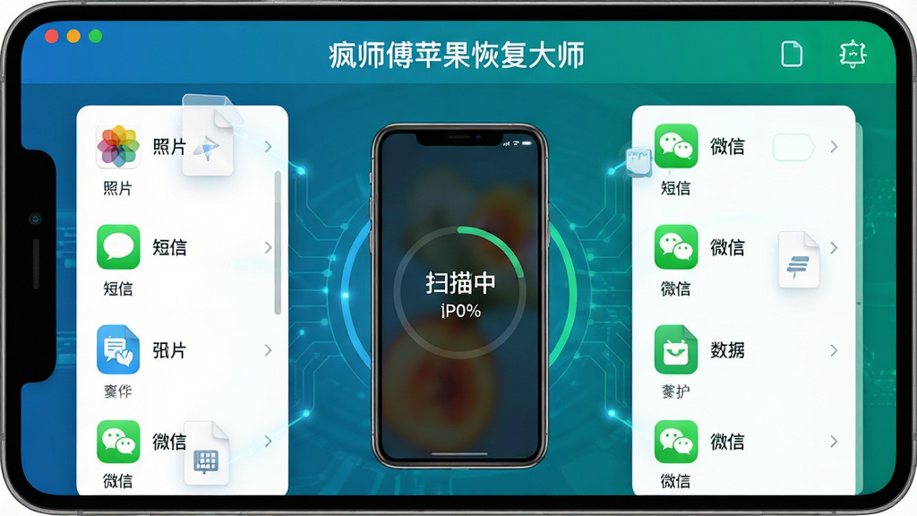 主体:疯师傅苹果恢复大师在扫描iPhone的界面,扫描进度显示“扫描中”与百分比。布局:屏幕中央有手机设备图,四周环绕数据文件图标。排版:清晰直观,数据以列表展示。风格:科技感,蓝绿色调。细节:软件名称出现在屏幕顶部,下方列出“照片”、“短信”、“微信”等图标。画质:高清,干净,无多余元素。
