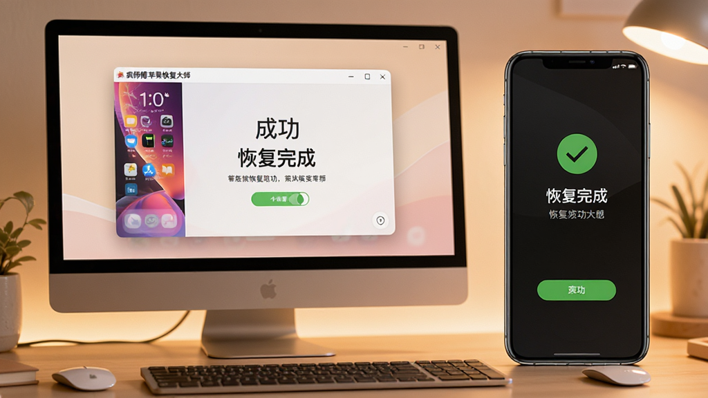 主体:电脑上运行疯师傅苹果恢复大师,旁边放着iPhone,屏幕显示恢复成功界面。布局:设备与电脑并排,软件界面清晰。排版:简洁。风格:暖色调,专业。细节:成功提示“恢复完成”,软件名称可见。画质:高清,干净。