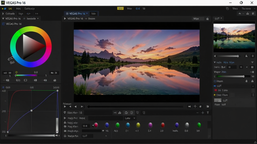 VEGAS Pro 16的调色界面,显示色轮、曲线和LUT面板,预览窗口中播放一段色彩鲜艳的风景视频,界面风格专业,带有“VEGAS Pro 16”标识,画质清晰,色彩准确