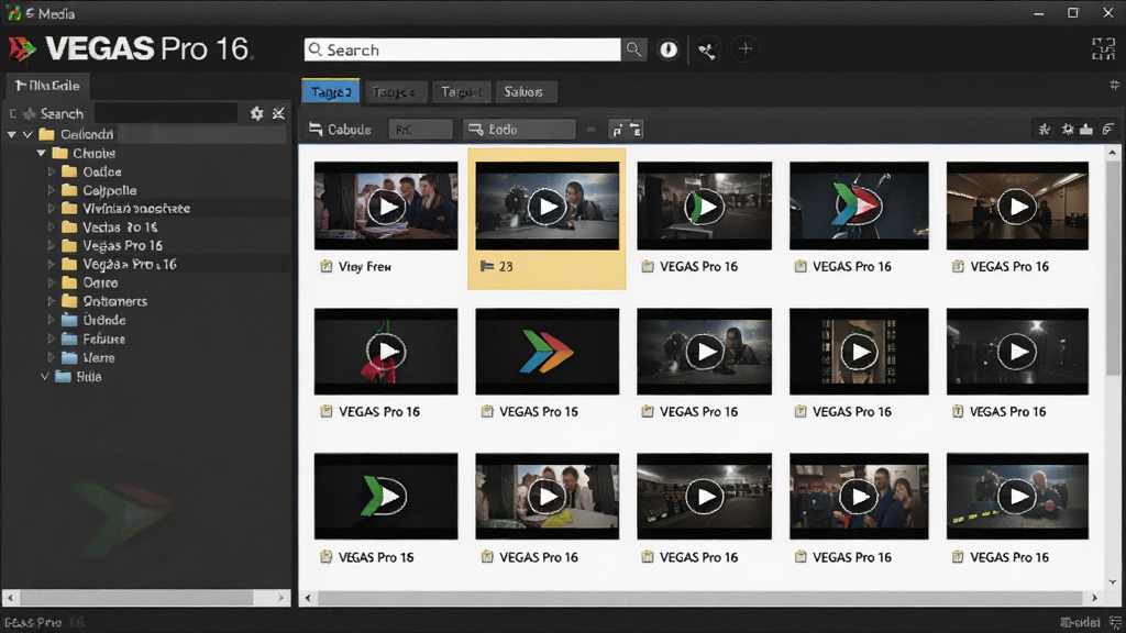 VEGAS Pro 16的媒体管理界面,左侧为文件夹树状结构,右侧以网格形式展示视频缩略图,顶部有搜索栏和标签筛选选项,界面干净整洁,突出“VEGAS Pro 16”的Logo,高分辨率,画质细腻