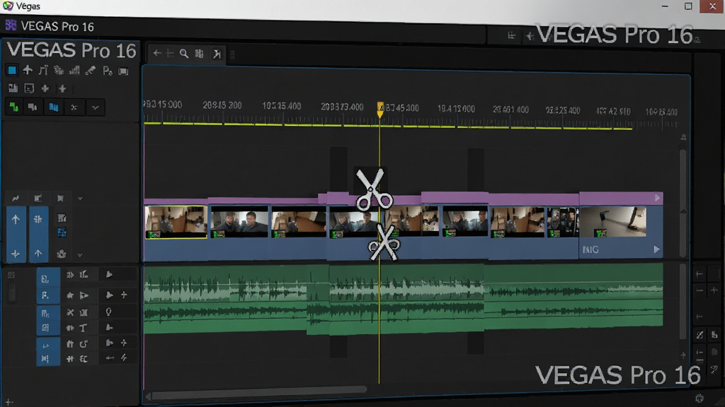 展示VEGAS Pro 16时间线上正在进行多轨道视频剪辑的场景,剪刀光标悬浮于素材片段上方,不同颜色的视频轨道和音频轨道清晰可见,界面专业,带有“VEGAS Pro 16”水印,画质干净,细节清晰