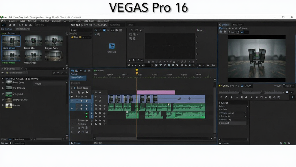 高清视频剪辑软件VEGAS Pro 16的工作界面全景,中央是时间线轨道,右侧为预览窗口,左侧为媒体素材库,界面采用深色主题,布局清晰,带有“VEGAS Pro 16”的标题文字,画质清晰,细节丰富,无多余元素