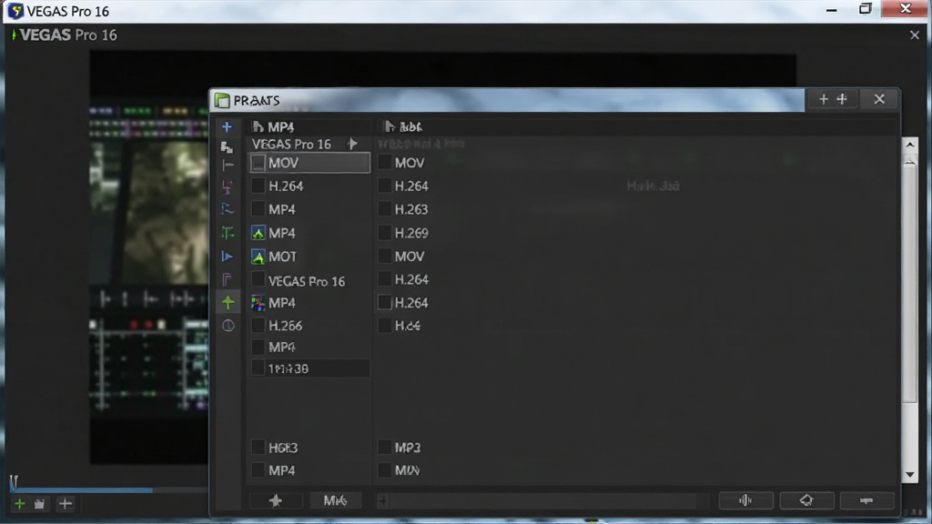 VEGAS Pro 16的导出设置窗口,显示多种格式选项,包括MP4、MOV、H.264等,背景为视频预览画面,界面简洁,带有“VEGAS Pro 16”字样,画质细腻,无多余元素
