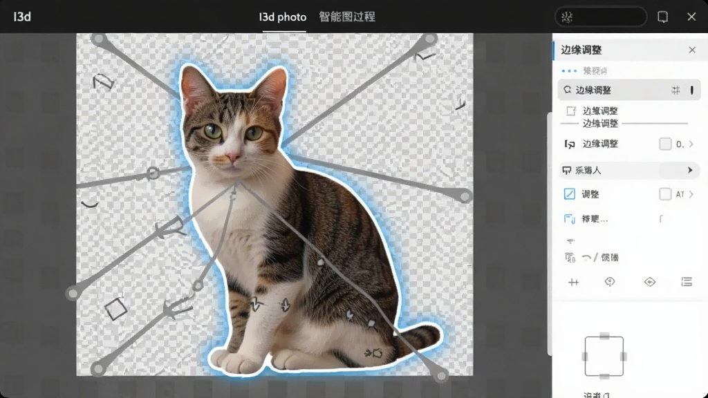 一张展示I3d photo智能抠图过程的图片,界面中一只猫的轮廓被高亮显示,背景显示为透明方格,边缘细节保留完整,右侧工具栏有“边缘调整”选项。整体界面简洁,重点突出,画质清晰。