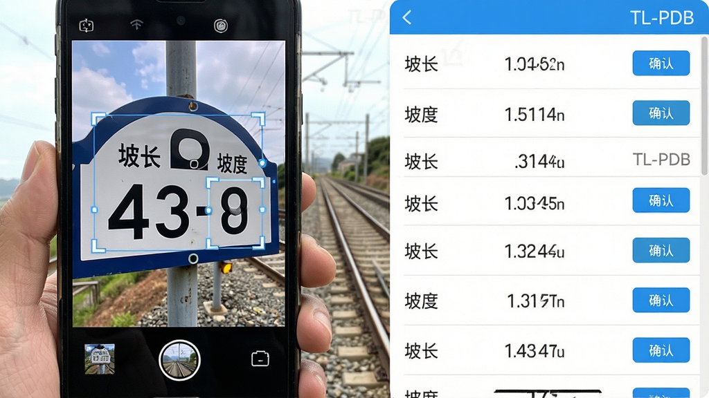 主体:手持设备拍摄铁路旁坡度标牌,屏幕中自动框选数字并识别。布局:左侧为拍摄画面,右侧为识别结果列表。排版:识别数据逐行显示,带有确认按钮。风格:写实与界面结合,明亮色调。细节:坡度标牌上写有“坡长”与“坡度”字样,软件界面有“TL-PDB”水印。画质:高清,干净,无多余元素。
