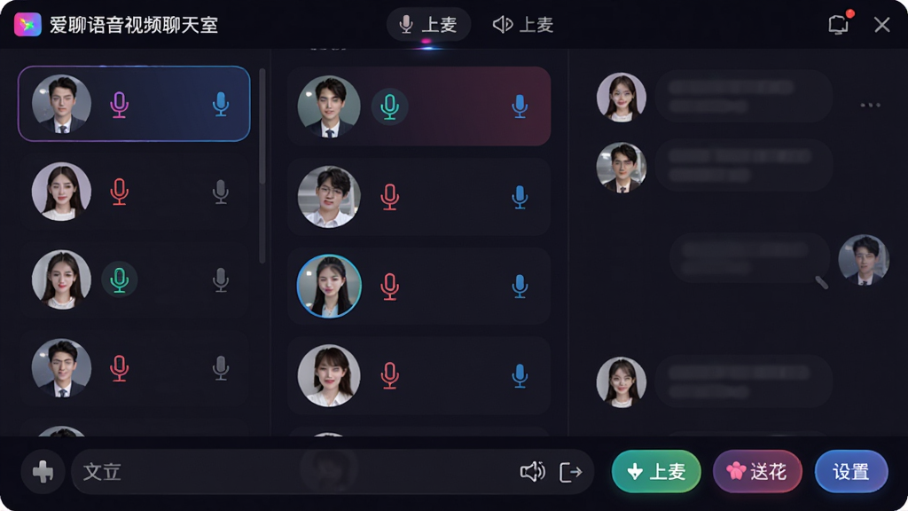 主体:一个多人语音聊天房间界面,界面中央是房间成员列表,每个成员头像旁有麦克风图标,底部是文字聊天输入框和功能按钮,布局:左右结构,左侧成员列表,右侧聊天区,排版:界面简洁,按钮图标化,风格:深色背景配彩色光效,细节:界面包含“爱聊语音视频聊天室”字样,以及“上麦”、“送花”、“设置”等按钮,画质:高清,干净,无多余元素