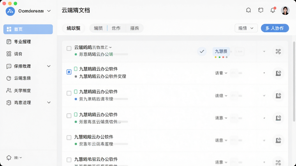 九慧鸥鸥云办公软件主界面预览图,展示云端文档列表、多人协作编辑状态和左侧功能导航栏,现代简约风格,浅色背景,高清晰度,界面布局清晰,无多余元素,画质干净