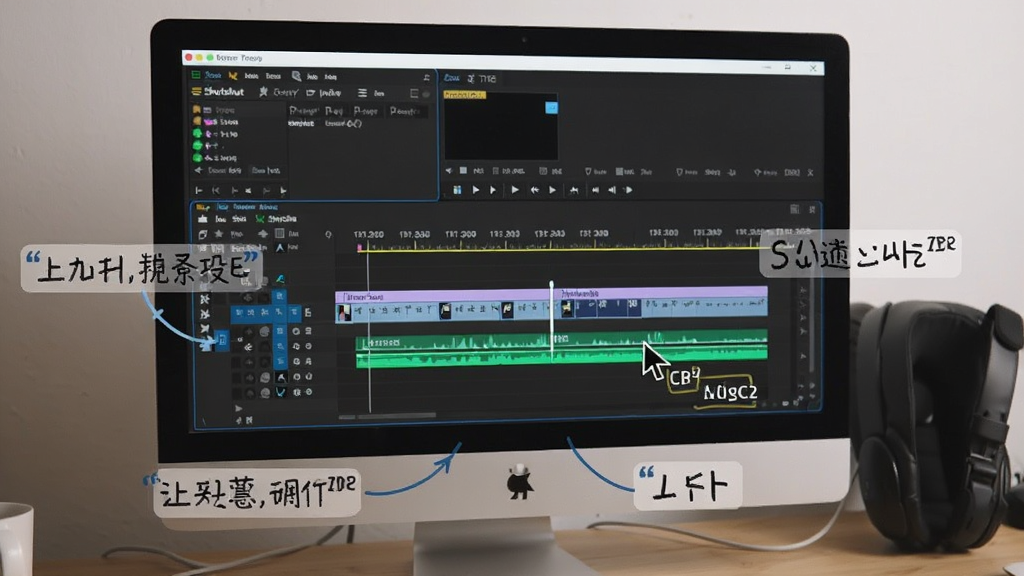 Shotcut软件剪辑操作教程场景,主体为电脑屏幕显示时间线编辑过程,周围有操作提示标注,布局为教学示意图风格,风格清晰易懂,细节有鼠标指针和快捷键标识,画质干净