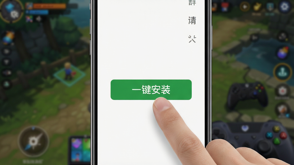 展示一只手点击手机屏幕上的“一键安装”按钮,背景为模糊的游戏界面。主体为安装器界面,布局居中,排版直观。风格写实,细节清晰,画质高清,干净无多余元素。文字“一键安装”以绿色按钮形式显示在屏幕中央。