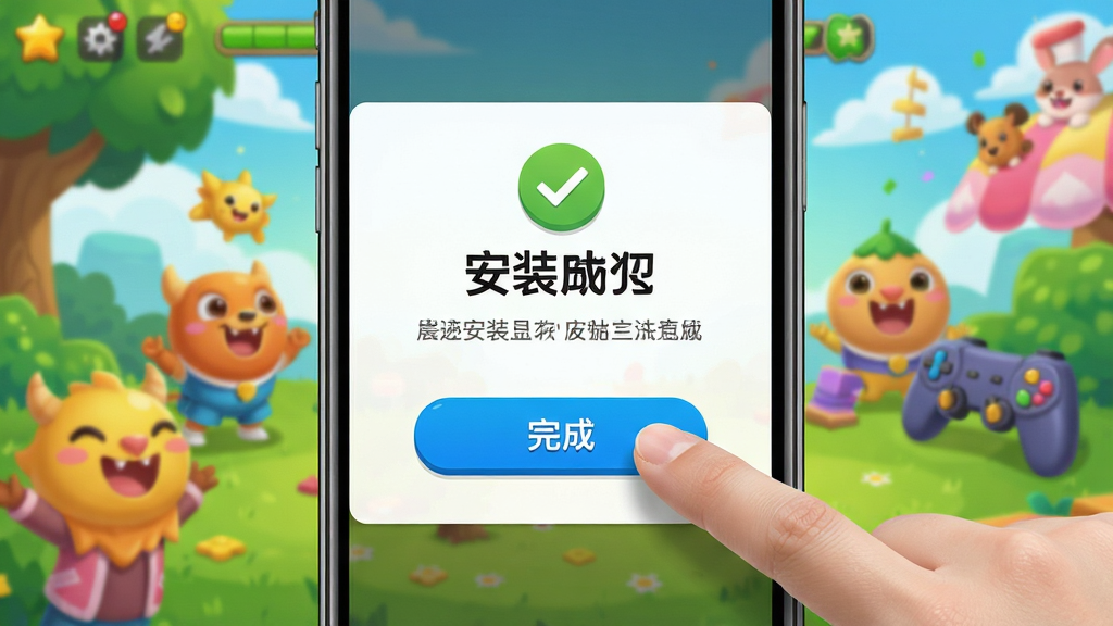 手机屏幕显示安装成功界面,背景为欢快的游戏场景,用户手指点击“完成”按钮。主体为安装成功提示,布局居中,排版简洁。风格明亮活泼,细节清晰,画质高清,干净无多余元素。